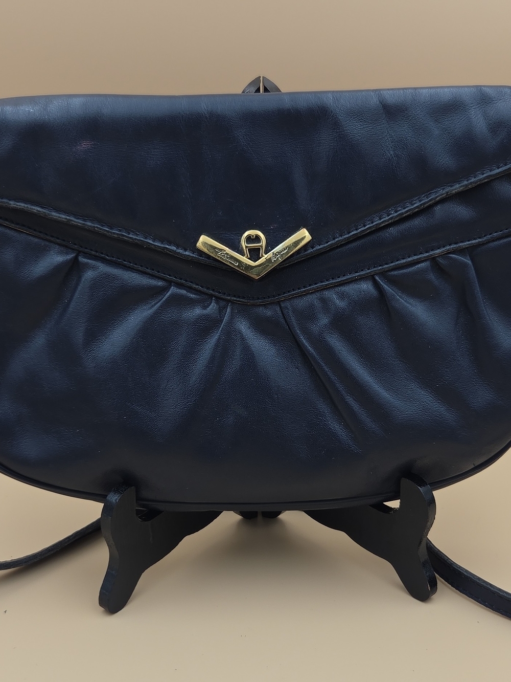 Etienne Aigner 70's Vintage Navy Leather Shoulder Bag with Gold Accent